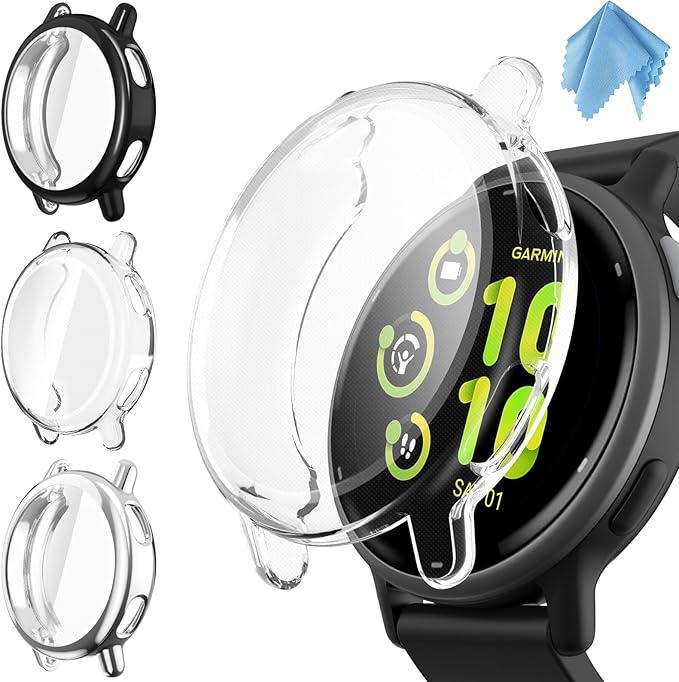Fintie 3 Packs Screen Protector Case Compatible with Garmin Vivoactive 5, Soft TPU Plated Bumper Full Cover Protective Cases Scratch-Proof, Black/Silver/Clear by Fintie