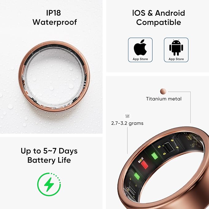 Smart Ring, Titanium Health & Fitness Tracker with Sleep, Heart Rate & SPO₂ Monitoring, Ultra-Light, 4–6 Day Battery, No Subscription, for Women & Men (Rose Gold 7) - Image 5