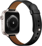 OUHENG Slim Bands Compatible with Apple Watch Band 42mm 41mm 40mm 38mm, Women Genuine Leather Replacement Thin Strap for iWatch SE 3/2/1 Series 11 10 9 8 7 6 5 4 3 2 1 (Black/Starlight) - Image 2