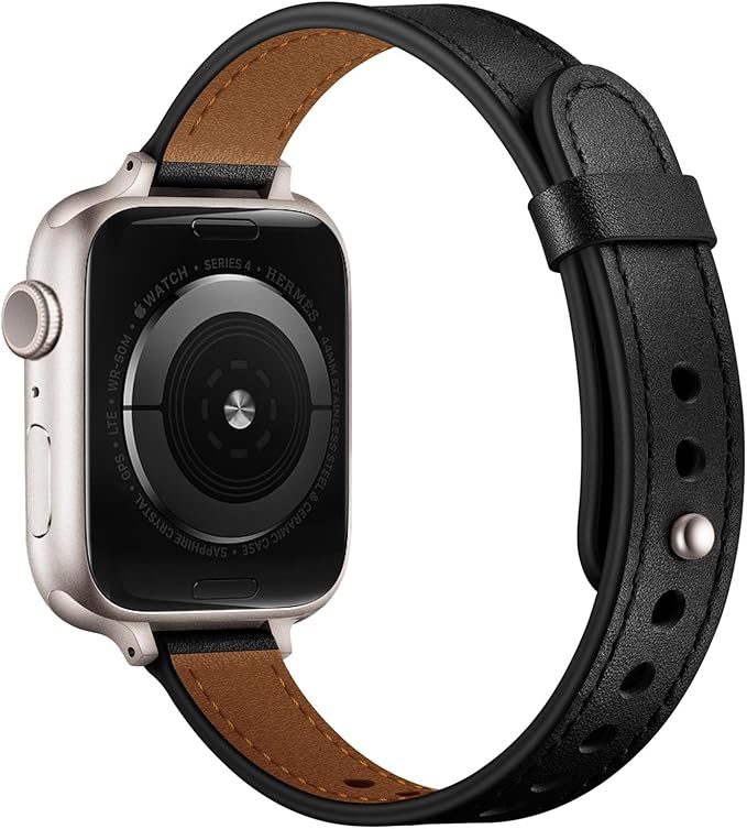 OUHENG Slim Bands Compatible with Apple Watch Band 42mm 41mm 40mm 38mm, Women Genuine Leather Replacement Thin Strap for iWatch SE 3/2/1 Series 11 10 9 8 7 6 5 4 3 2 1 (Black/Starlight) - Image 2