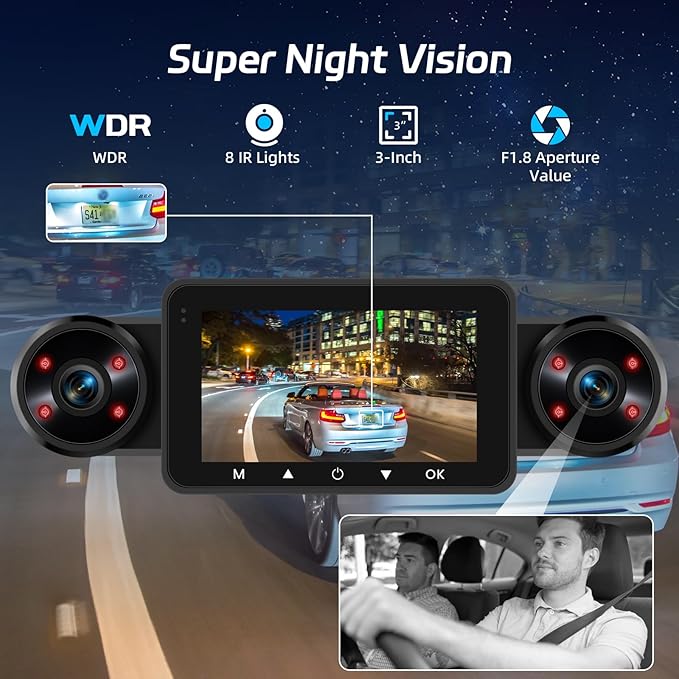 NHOPEEW Dash Cam Front and Rear Inside, 4 Channel Dash Cam 3" IPS Screen Front and Back with 8 IR Night Vision Lights, Loop Recording, 24 Hours Recording, G-Sensor, Reverse Help - Image 4