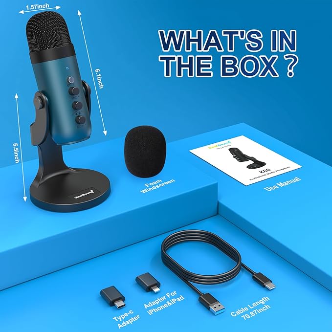 ZealSound USB Condenser Microphone,Computer PC Gaming Mic,Plug&Play Microphones for PS 4&5.Monitor Adjust&Volume Control,Mic Gain Control,Mute Button for TikTok,YouTube Podcast on Mac&Windows(Teal) - Image 7