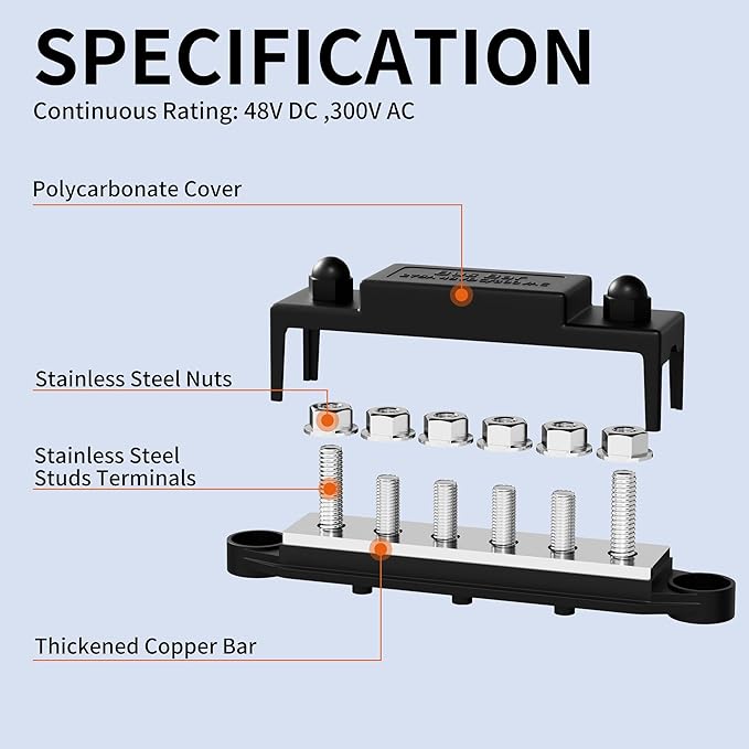 RVBOATPAT 275A Bus Bar 12V Power Distribution Block Car Audio Busbar 6 x 5/16" (M8) Terminal Stud Positive & Ground Battery Bus Bar - Image 2