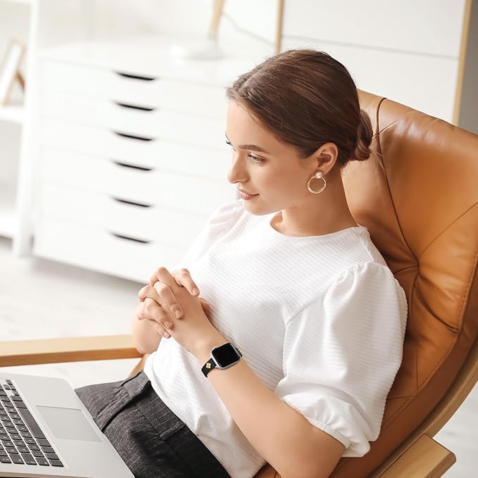 STROLL Thin Leather Band Compatible with Apple Watch Bands 42mm(Series 11 10) 41mm 40mm 38mm Women, Stylish Genuine Leather Strap with Charms, Slim Wristband Design for iWatch SE Series 9 8 7 6 5 4 3 2 1, Black/Silver - Image 6