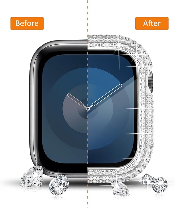Surace 41mm Case Compatible with Apple Watch Series 9, 8, 7 - 400 Diamonds Bling Case with Tempered Glass Screen Protector, Silver - Image 8