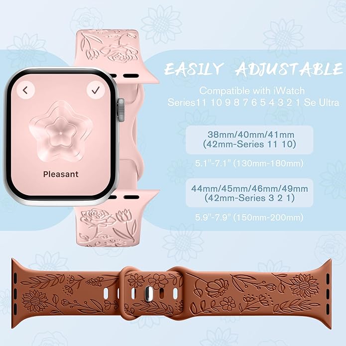 SNBLK 6 Pack Floral Engraved Bands Compatible with Apple Watch Bands 40mm 41mm 42mm 38mm 44mm 45mm 46mm 49mm Women Men, Silicone Flower Pattern Strap for iWatch Series 11 10 Se Ultra 9 8 7 6 5 4 3 2 1 - Image 9