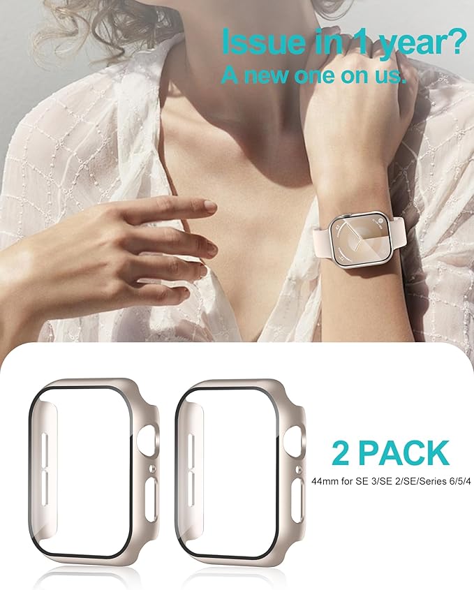 Smiling 2 Pack Case Compatible with Apple Watch SE 3 (2025)/ SE 2/ SE/Series 6/5/4 44mm with Tempered Glass Screen Protector, Hard PC Case Overall Protective Cover- Starlight - Image 6