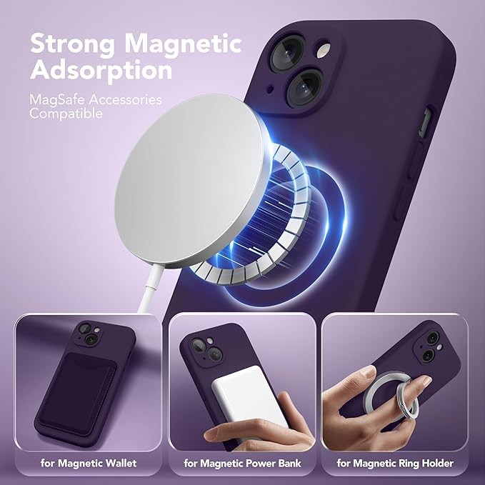 Magnetic for iPhone 15 Case, Compatible with MagSafe, [Screen Protector + Full Camera Protection], Silicone Shockproof Anti-Scratch Protective Phone Case for iPhone 15 6.1", Deep Purple - Image 2