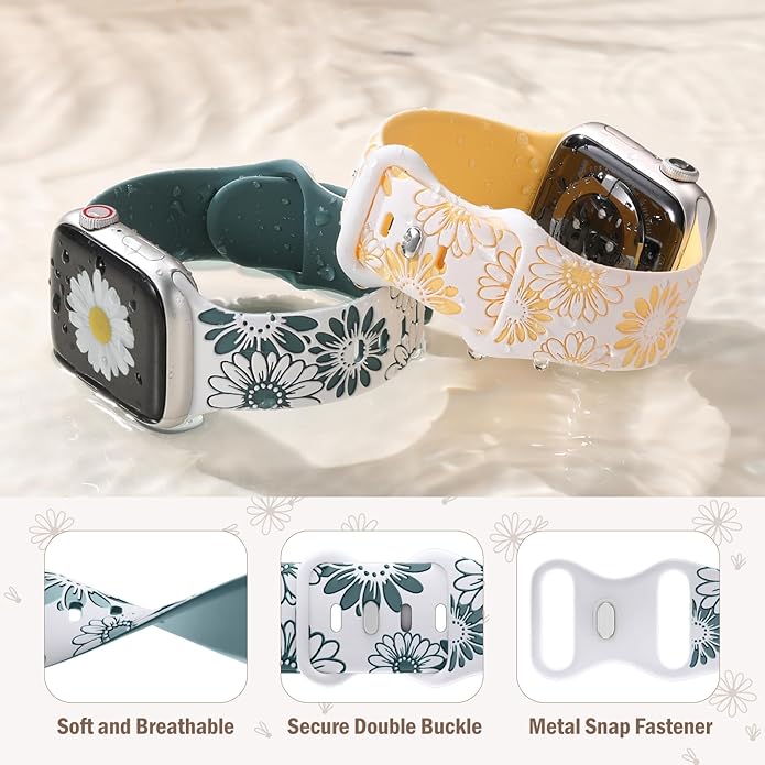 DaQin Floral Engraved Band Compatible with Apple Watch Bands for Women 40mm 41mm 42mm 44mm 45mm 46mm 38mm, Cute Two-Tone Flower Soft Silicone Sport Strap for iWatch Series 11 10 9 8 7 6 5 4 3 2 1 SE - Image 3