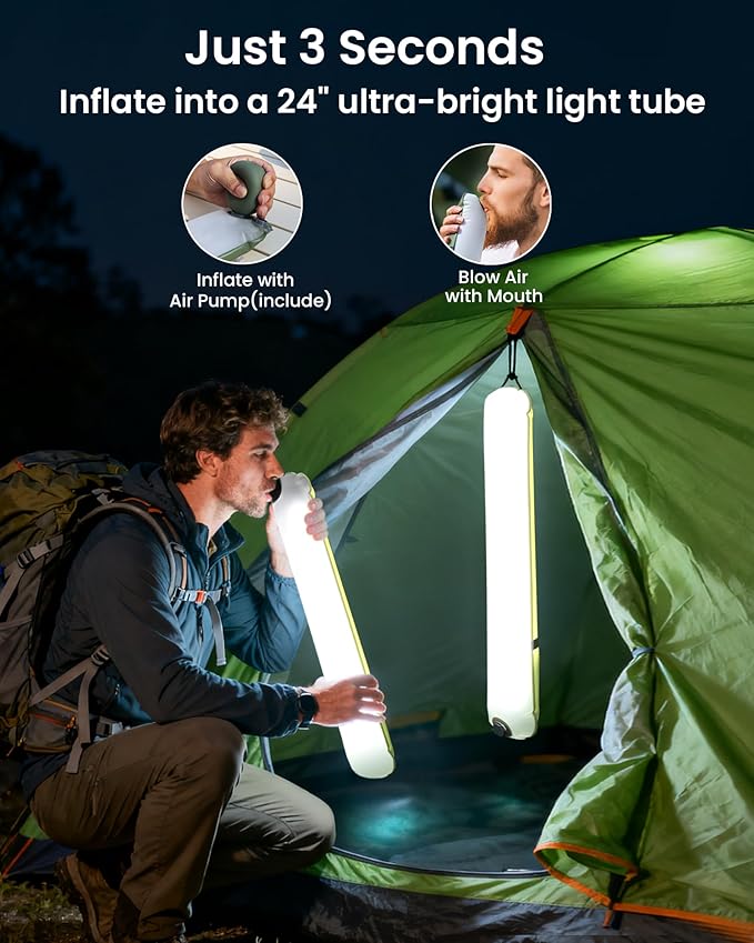 2 Pack 24" Inflatable Solar Camping Lantern, Magnetic LED Tube Light with USB-C 2000mAh Power Bank, IP66 Waterproof TPU Tent Light for Hurricane Emergency, Backpacking & Off-Grid Survival - Image 2