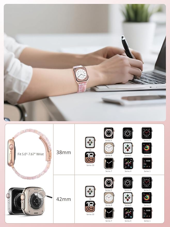 V.R.HOPE Apple Watch Band for Series 11/10/9/8/7 38mm 40mm 41mm 42mm Fashion Lightweight Resin Dressy Strap for Women Bracelet Compatible with iWatch Series 6/5/4/3/2/1/SE (Pinkish Brown) - Image 6