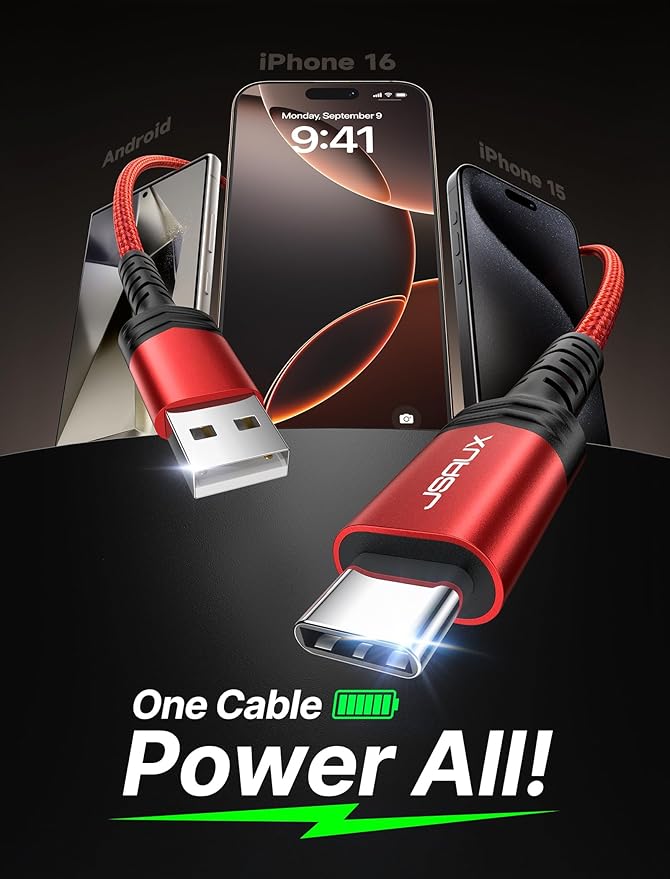 JSAUX USB C Cable [2-Pack 6.6ft], USB A to USB Cord Fast Charging for iPhone 17e, iPhone 17, iPhone Air, iPhone 17 Pro Max, iPhone 16/iPhone 15 Series, Samsung S20 S10, Note 20 10, Car Play - Red - Image 2