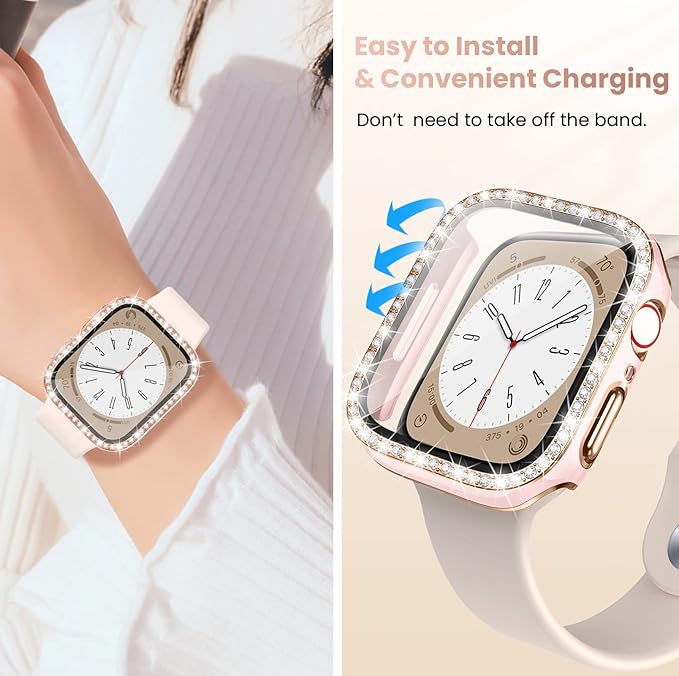 Goton 2-Pack Bling Case for Apple Watch Series 9 8 7 Screen Protector 45mm, Women Diamond Rhinestone Bumper Glass Face Cover for iWatch Accessories 45 mm - Image 7