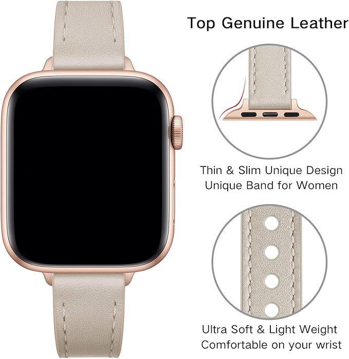 OUHENG Slim Bands Compatible with Apple Watch Band 46mm/49mm/45mm/44mm/42mm, Women Genuine Leather Thin Strap for iWatch Ultra 3/2/1, SE 3/2/1, Series 11 10 9 8 7 6 5 4 3 2 1 (Ivory White/Rose Gold) - Image 3