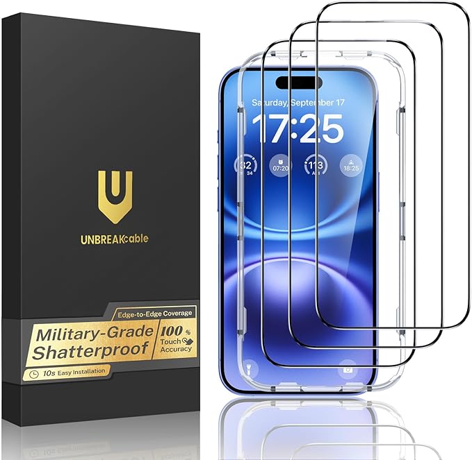 UNBREAKcable for iPhone 16 Screen Protector, 3-Pack Full Coverage Tempered Glass [Military Grade Shatterproof] [9H Hardness] [Easy Installation Frame] [Bubble Free] for iPhone 16 6.1" by UNBREAKcable