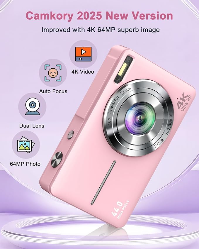 Digital Camera, 4K 64MP Cameras for Photography, Small Compact Point and Shoot Digital Camera with Auto Focus, Dual Camera, Flash, 16X Zoom, 32GB Card, Vlogging Camera for Teens,Boys, Girls - Image 2