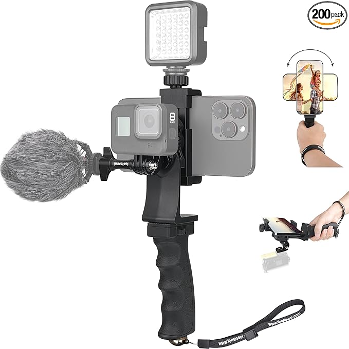 2in1 Ergonomic Portable Action Camera+Smartphone SYN Hand Grip Stabilizer Combo Mount Video Vlogging Rig Holder Kit for GoPro iPhone Interview Travel YouTube Tiktok Streaming-Mic+Light Adapter by Fantaseal