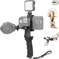 2in1 Ergonomic Portable Action Camera+Smartphone SYN Hand Grip Stabilizer Combo Mount Video Vlogging Rig Holder Kit for GoPro iPhone Interview Travel YouTube Tiktok Streaming-Mic+Light Adapter by Fantaseal