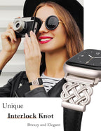 TOYOUTHS Compatible with Apple Watch Bands Women 42/44/45/46/49mm Dressy Slim Leather Strap with Celtic Knot Interlock Buckle for iWatch Band Series 11 10 9 8 7 6 5 4 SE/Ultra 3 2 1, Black/Starlight - Image 3