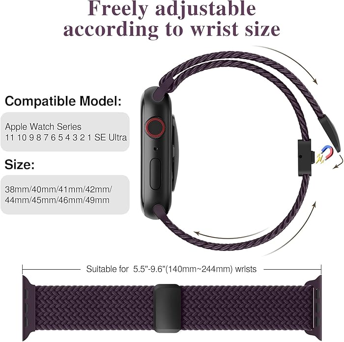 Braided Stretchy Band Compatible with Apple Watch Bands 38mm 40mm 41mm 42mm 44mm 45mm 46mm 49mm Women Men, Soft Nylon Solo Loop Magnetic Sport Strap for iWatch Series 11 10 9 8 7 6 5 4 3 2 1 SE Ultra - Image 2