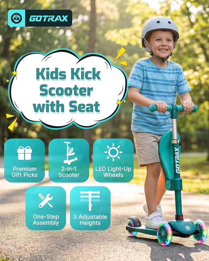 Gotrax KS3 Kids Kick Scooter, LED Lighted Wheels, Adjustable Height Handlebars and Removable Seat, Lean-to-Steer & Widen Anti-Slip Deck, 3 Wheel Scooter for Kids Ages 2-8 and up to 110 Lbs - Image 2