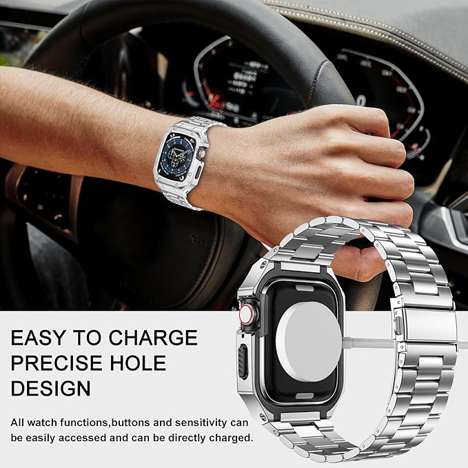 BAITEYOU Stainless Steel Watch Band with Case Compatible with Apple Watch Series 11 10 42mm, Rugged Strap with Metal Protective Bumper Cover for iWatch Bands Men (Silver) - Image 6