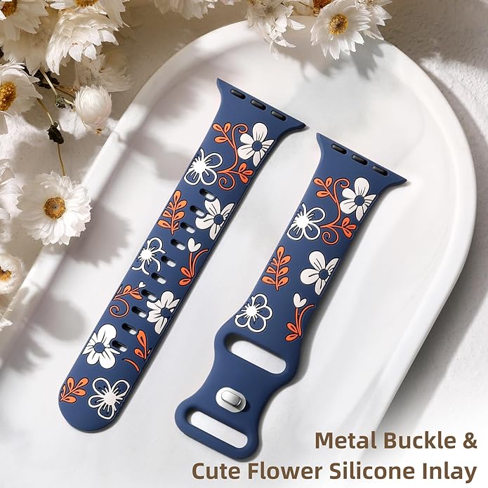 Witzon Floral Band Compatible with Apple Watch Bands For Women 40mm 41mm 38mm 42mm 44mm 45mm 46mm 49mm, Engraved Cute Flower Silicone Dressy Strap for iWatch Series 11 10 9 8 7 6 5 4 3 2 SE Ultra - Image 5