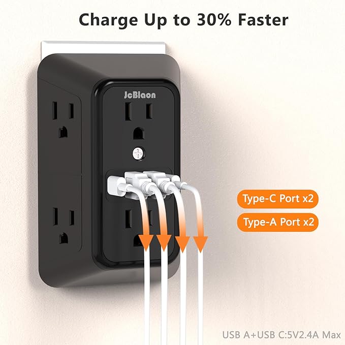 USB Wall Charger Power Strip Surge Protector with 4 USB Ports (2 USB C) Plug Extension Multiple Outlets Plug Extension Multi Outlet Plug in Adapter Spaced Outlets for Home Office Travel,White (Black) - Image 4