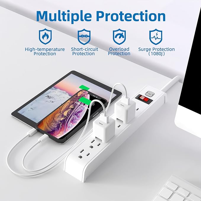 TiFFCOFiO Surge Protector Power Strip, 6 Feet Extension Cord, 600 Joules Surge Protection, Multiple Protection 6 Outlet Strip, 14 AWG Cord, 15A/1875W, ETL Listed - Image 3