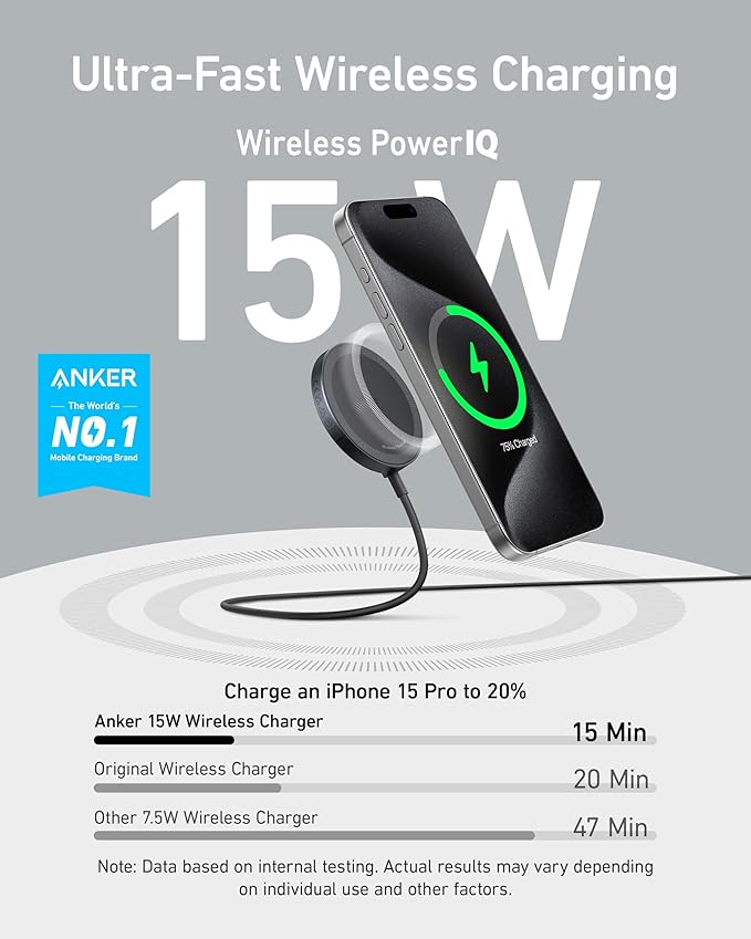 Anker MagSafe Charger Pad, MagGo iPhone 16 Wireless Charging Pad, Qi2 Certified 15W Wireless Charger, Compatible with iPhone 16/16 Plus/16 Pro/16 Pro Max/15/14/13/12 Series (Black, with Adapter) - Image 2