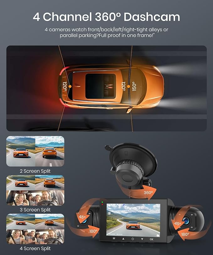 Rimoody 4-Channel 360° Dash Cam, 1080P Full HD Car DVR with Front/Rear/Inside/Side Cameras, WiFi App Control, Night Vision, G-Sensor, Loop Recording, 24H Parking Monitor, 3 Inch Display - Image 3