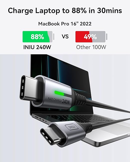 INIU USB C to USB C Cable, 240W Fast Charging Type C Charger Cord, Braided USBC Phone Charger Cable for iPhone 17 16 Pro Max Samsung S25 S24 Laptops MacBook Air 15 M3 iPad Switch [1ft+1ft Black] - Image 3