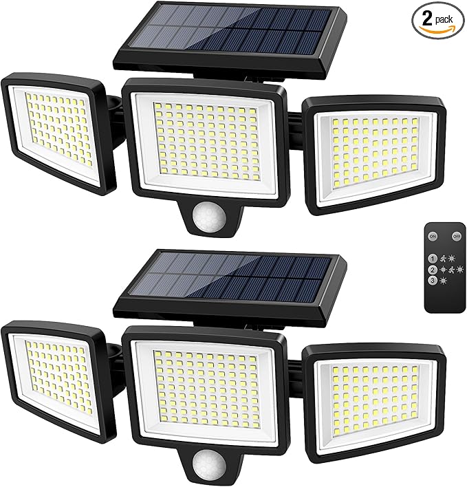 Tuffenough Solar Outdoor Lights 2500LM 210 LED Security Lights with Remote Control,3 Heads Motion Sensor Lights, IP65 Waterproof,270° Wide Angle Flood Wall Lights with 3 Modes(2 Packs) by SolarOutdoorLights