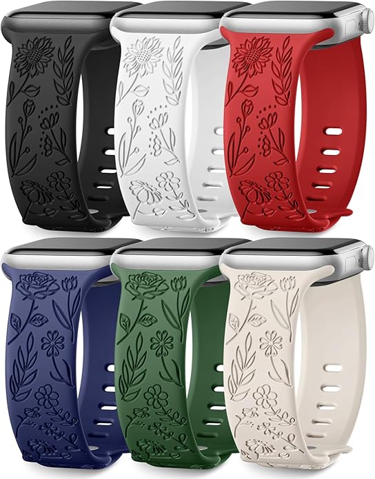 SNBLK 6 Pack Floral Engraved Bands Compatible with Apple Watch Bands 40mm 41mm 42mm 38mm 44mm 45mm 46mm 49mm Women Men, Silicone Flower Pattern Strap for iWatch Series 11 10 Se Ultra 9 8 7 6 5 4 3 2 1 by SNBLK