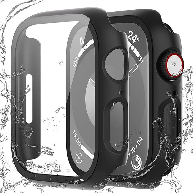QCKANLJ 2 Pack Waterproof Case for Apple Watch Series 9 8 7 45mm with Tempered Glass Screen Protector, iWatch Full Protective Hard PC Bumper Case Face Cover for Men Women 45mm by QCKANLJ