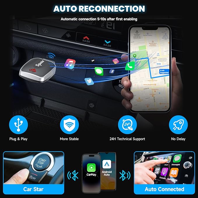 Seamless Auto-Connect CarPlay Adapter, Upgrade 2in1 Wireless CarPlay & Android Auto Adapter, Plug & Play, WLAN Dual-Band 2.4G+5G, Auto Reconnect, Compatible with After 2016 Cars with Wired CarPlay - Image 6