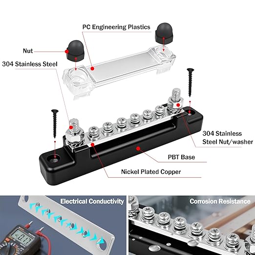 LENKRAD 150A Power Distribution Block with Cover + Ring Terminals, 12V Waterproof Automotive Ground Bus Bar, 48V Marine Busbar for RV, Boat Negative Buss Bar Kit -2 x M6 Post + 6 x M4 Screws - Image 3