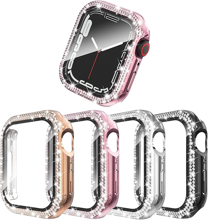 4 Pack Bling Hard PC Case with Tempered Glass Screen Protector Compatible with Apple Watch 41mm Series 9 Series 8 Series 7, Ultra-Thin Crystal Bumper Case Replacement for iWatch 9/8/7 41mm by Bigqin