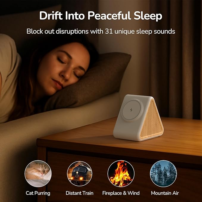 Housbay 2-in-1 White Noise Sound Machine & Magnetic Wireless Charger, Stereo Sleep Sounds, Clutter-Free Bedside Charging Station for iPhone - White Oak - Image 3