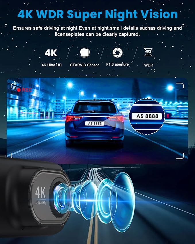 Dash Cam 4K Front, Ultra HD Dash Camera for Cars, 1.47''IPS Screen Mini Car Camera with APP Control, Built-in Wi-Fi & G-Sensor, 24H Parking Mode, Night Vision, WDR, Loop Recording, Support 256GB Max - Image 5