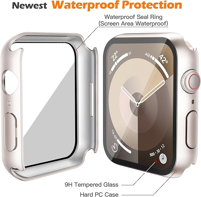 Misxi [2 Pack Waterproof Anti-Scratch Case with Button for Apple Watch Series 9 Series 8 Series 7 41mm, Hard PC Cover with Tempered Glass Screen Protector for iWatch, Starlight - Image 4
