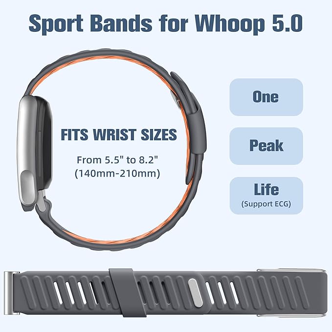 Getino Sport Band Compatible with Whoop 5.0 Bands One, Peak and Life/MG, Breathable Waterproof Silicone Adjustable Replacement Accessories Strap for Whoop Band 5.0 Fitness Activity Tracker, GrayOrange - Image 8