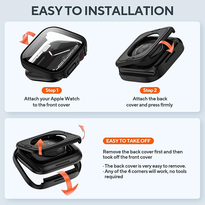 2 Pack 2 in 1 Waterproof Case for Apple Watch Series 9 8 7 45mm, Straight Edge PC Front & Back Bumper with Tempered Glass Screen Protector 360 Protective Cover for iWatch (45mm, Black/Black) - Image 4