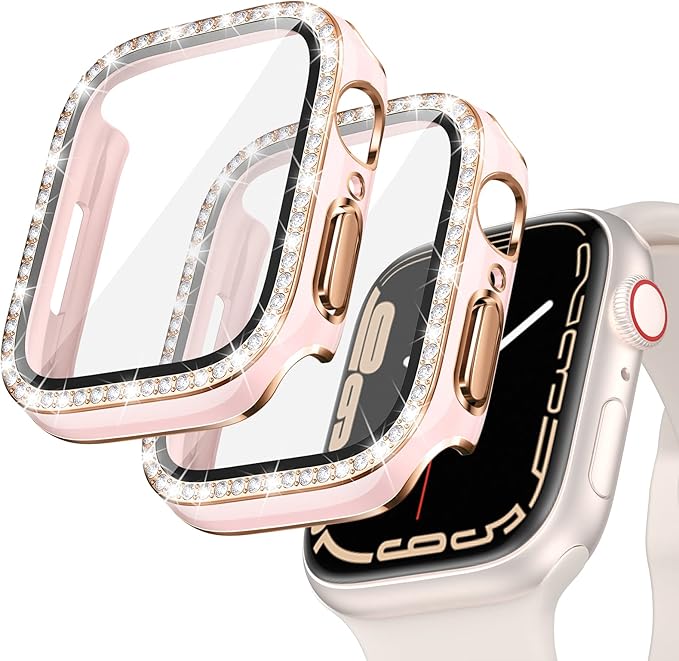 Goton 2-Pack Bling Case for Apple Watch Series 9 8 7 Screen Protector 45mm, Women Diamond Rhinestone Bumper Glass Face Cover for iWatch Accessories 45 mm by Goton