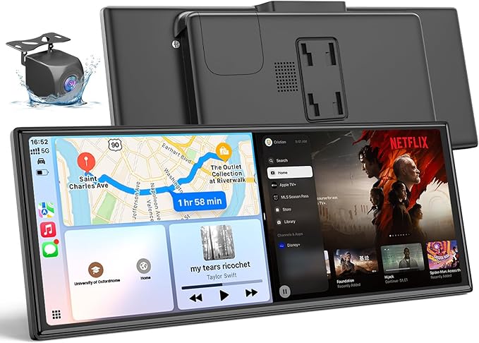 HKA1 Carplay Screen for Car with Netflix/YouTube, True 10.25'' Wireless Apple CarPlay & Android Auto Touchscreen with 1080P Backup Camera, Apple Car Play, Built-in Apps,Split-Screen,Dual WiFi,GPS,Siri by 25HOURS
