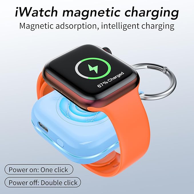 HUOTO Charging Adapter, 1200mAh Battery Powered Portable Wireless Charger for Apple Watch Series 9/8/7/6/SE/5/4/3/2/1 Ultra, Keychain USB-C Charger, Gifts for Women Man - Image 8