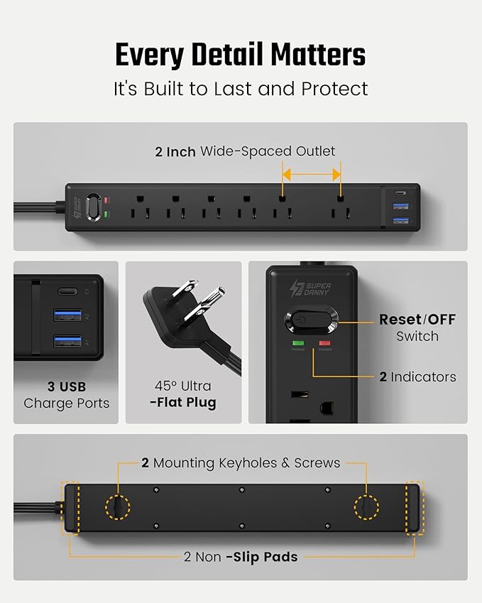 15Ft Long Extension Cord, SUPERDANNY Flat Plug Surge Protector Power Strip, 6 Outlets & 3 USB Ports, Desk Charging Station for Home Office, College Dorm Room Essentials - Image 7