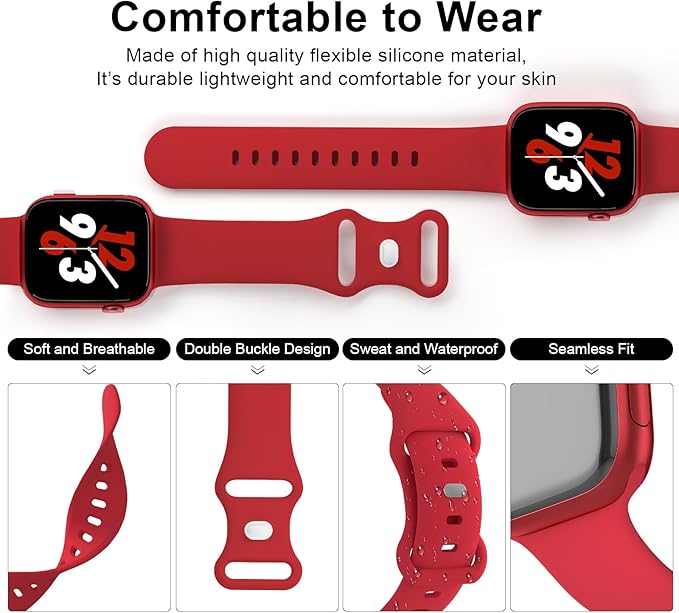 Sport Band Compatible with Apple Watch 38mm 40mm 41mm 42mm 44mm 45mm 46mm 49mm, Replacement Soft Silicone Strap Wristbands for iWatch Series 11/10/9/8/7/6/5/4/3/2/1 Ultra SE Women Men, Red - Image 3