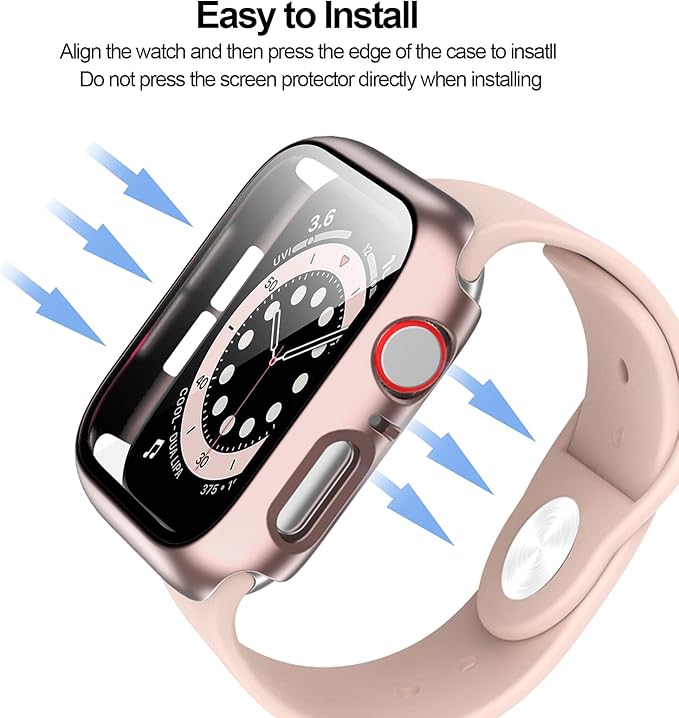 2 Pack Hard PC Case Compatible with Apple Watch Series 9/8/7 45mm, Case with Tempered Glass Screen Protector Overall Bubble-Free Cover for iWatch 9/8/7 Accessories, (Black+Rose Gold, 45mm) - Image 5