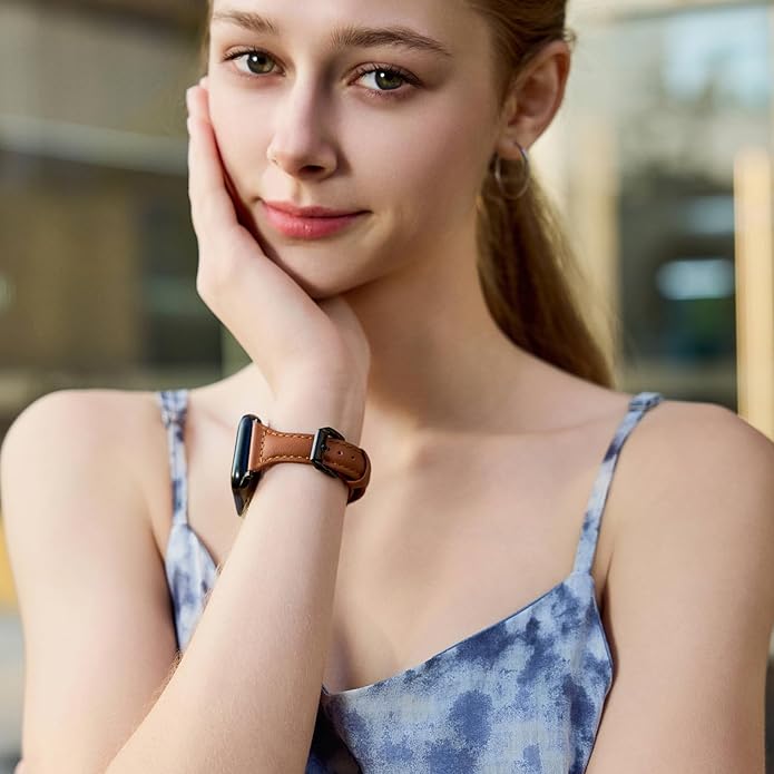 2 pack Slim Genuine Leather Bands Compatible with Apple Watch Band 38mm 40mm 41mm 42mm 44mm 45mm 49mm,Top Layer Leather Watch Thin Women Men Straps for iWatch Series 9/8/7/6/5/4/3/2/1 Ultra SE - Image 5